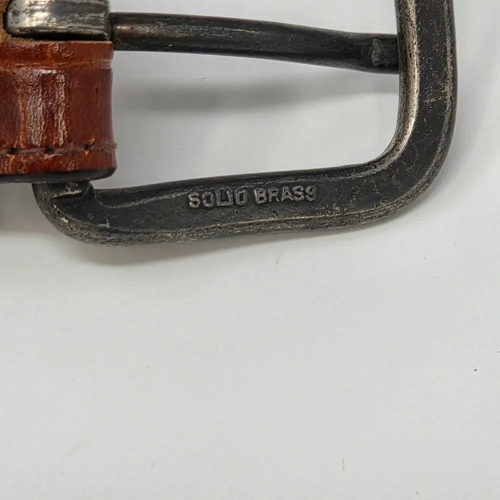 Crocodile Leather Belt Brown Solid Brass Buckle Mens Size 34 Academia Office USA